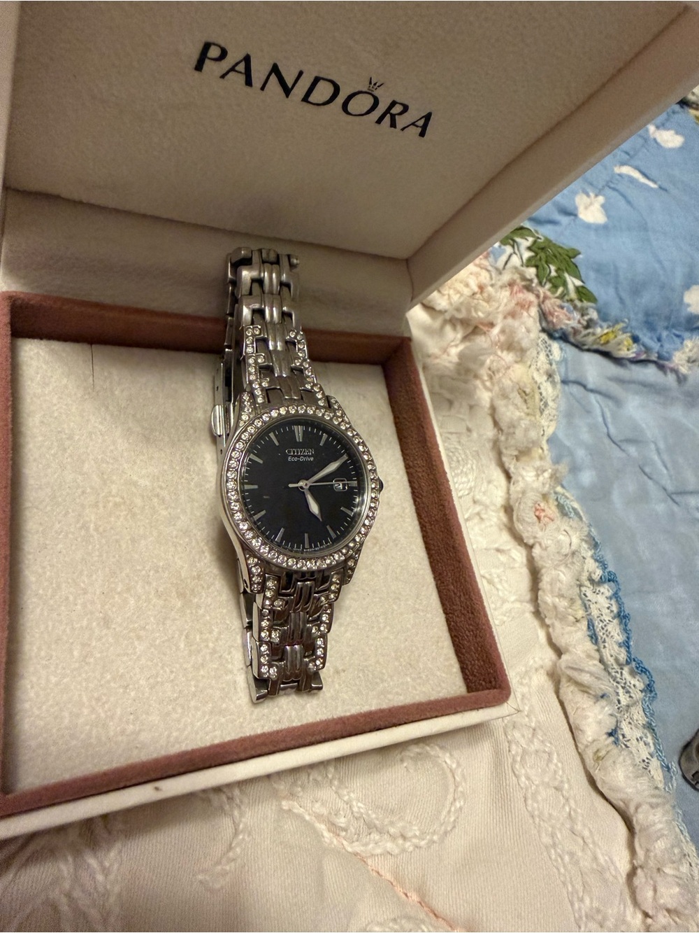 Citizen Silver-Tone Watch with Black Dial and Crystal Accents
